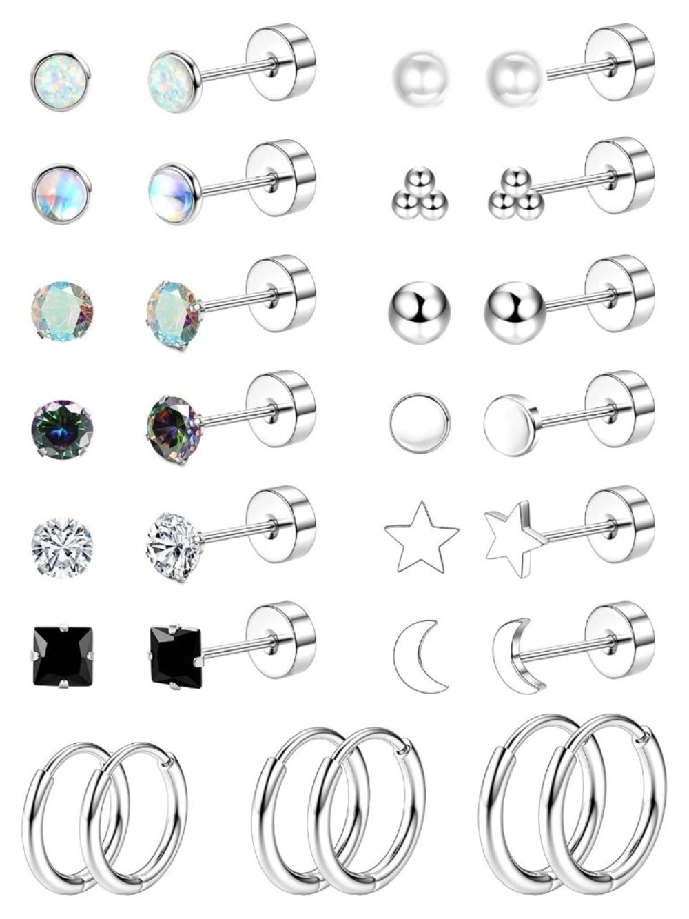 Hypoallergenic Surgical Steel Flat Back Earrings Studs Hoop Set